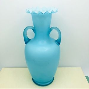Antique Victorian Era Blue Satin Glass Vase with Ruffled Edges  Applied Handles